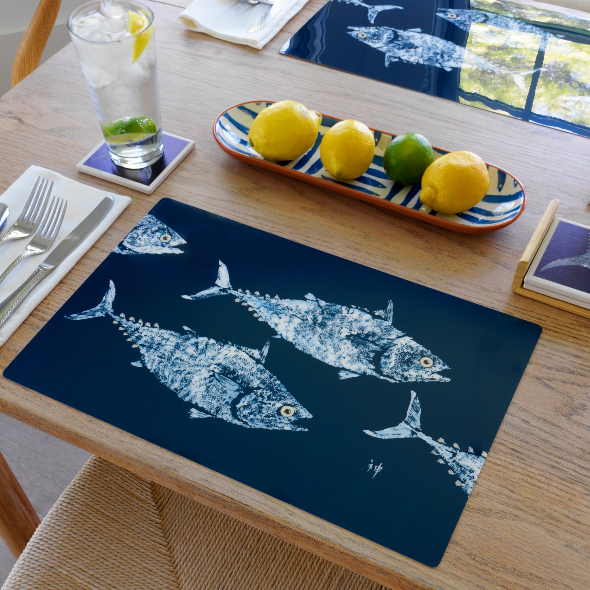 FishAye School of Tuna Placemat – White on Navy Coastal Decor
