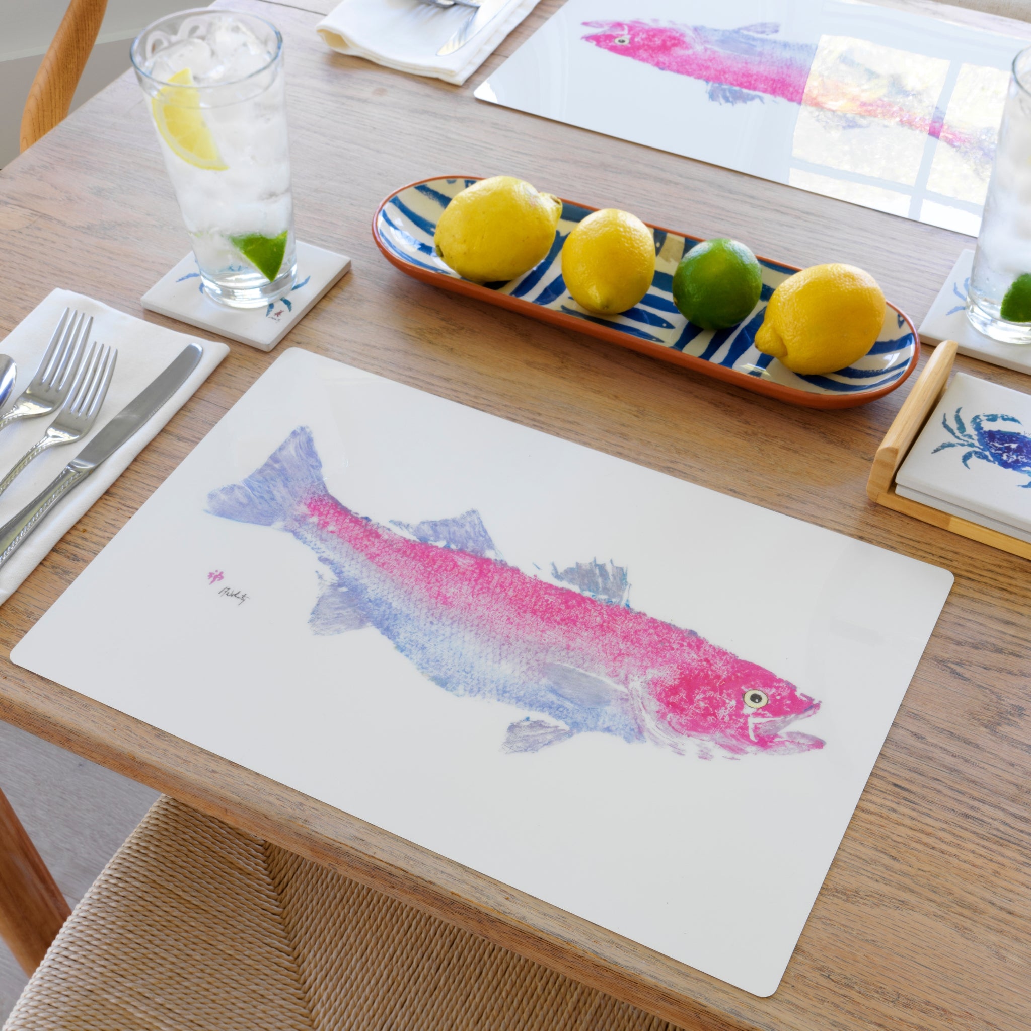 FishAye Pink Striper Placemat | Coastal & Nautical Table Decor