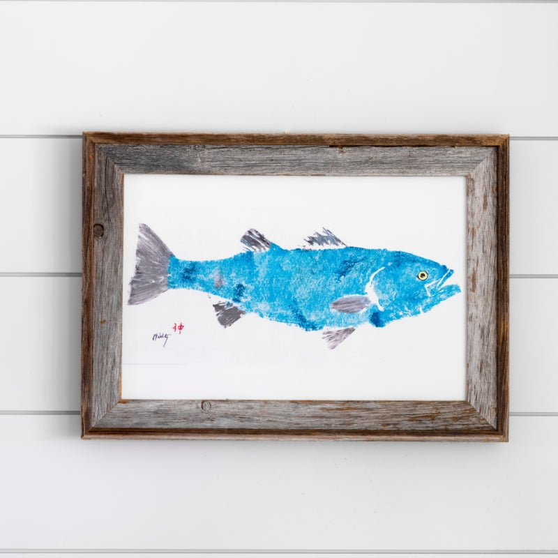 FishAye Blue & Grey Striper Print – Gyotaku Coastal Wall Art