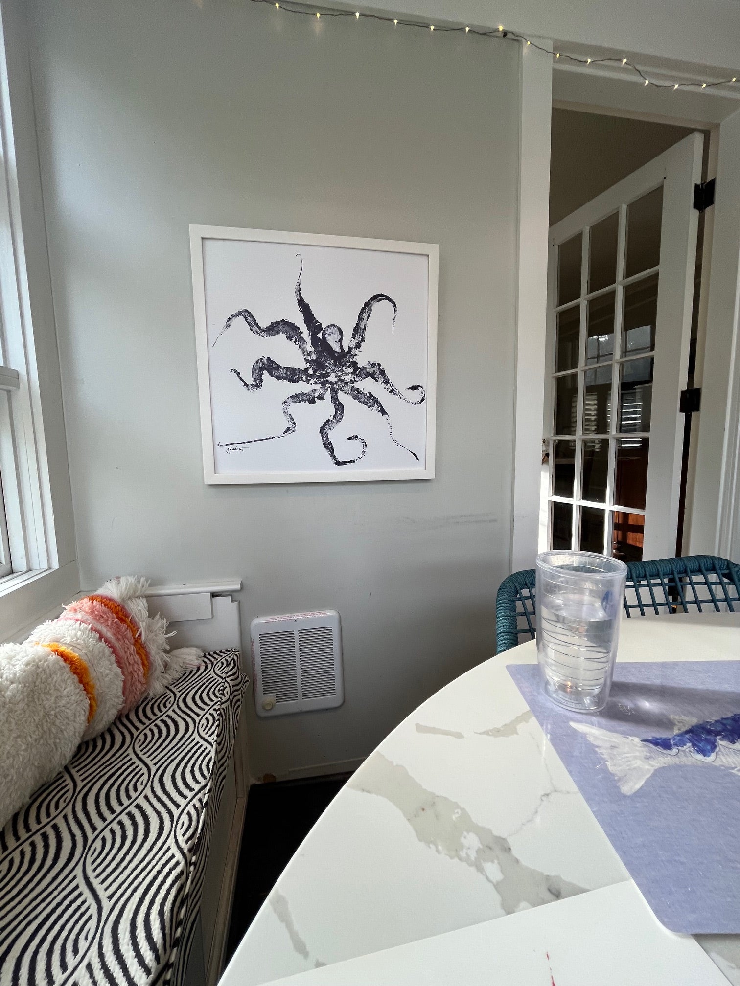Octopus in Navy in White - White Framed Canvas Art