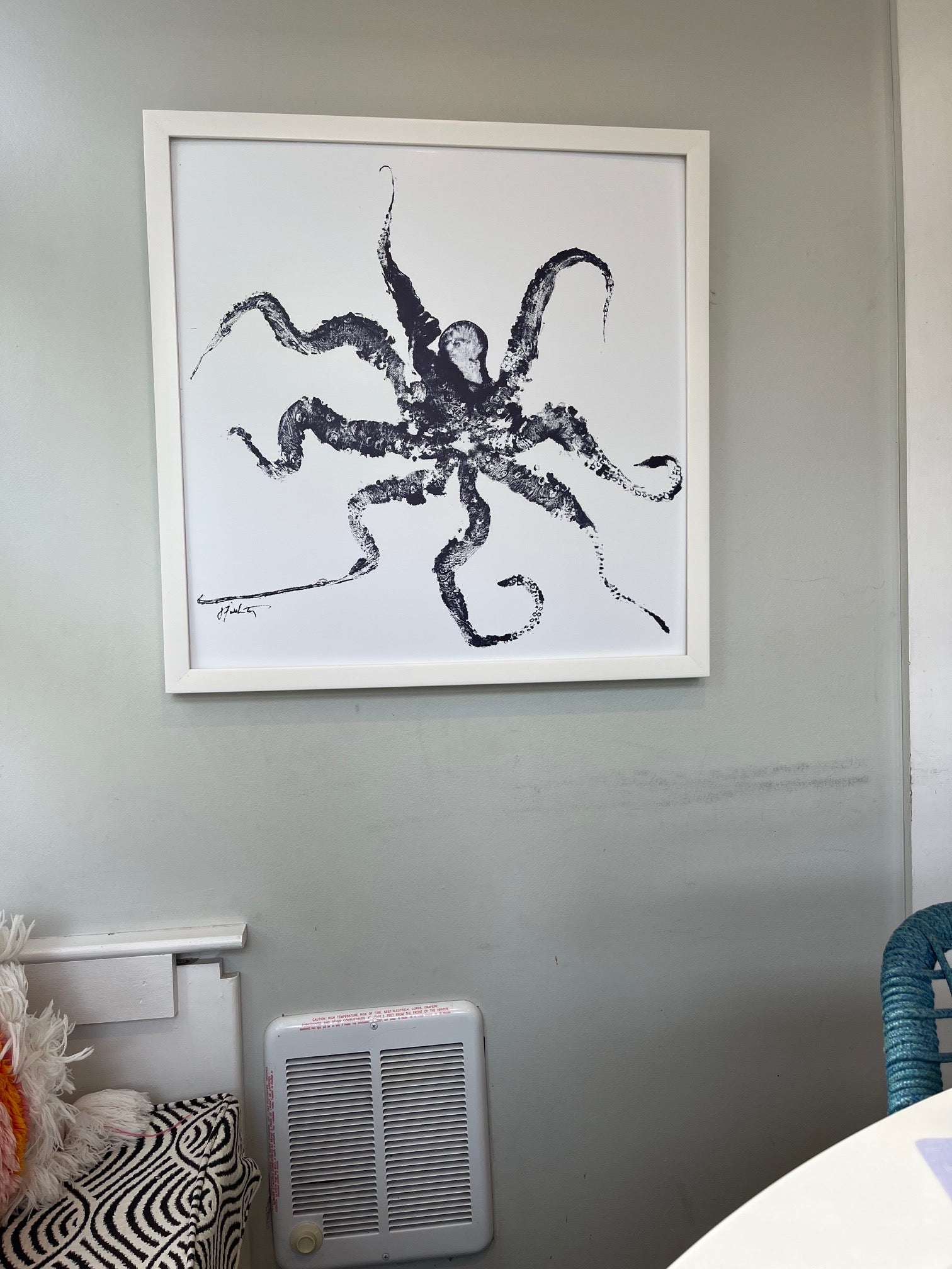 Octopus in Navy in White - White Framed Canvas Art