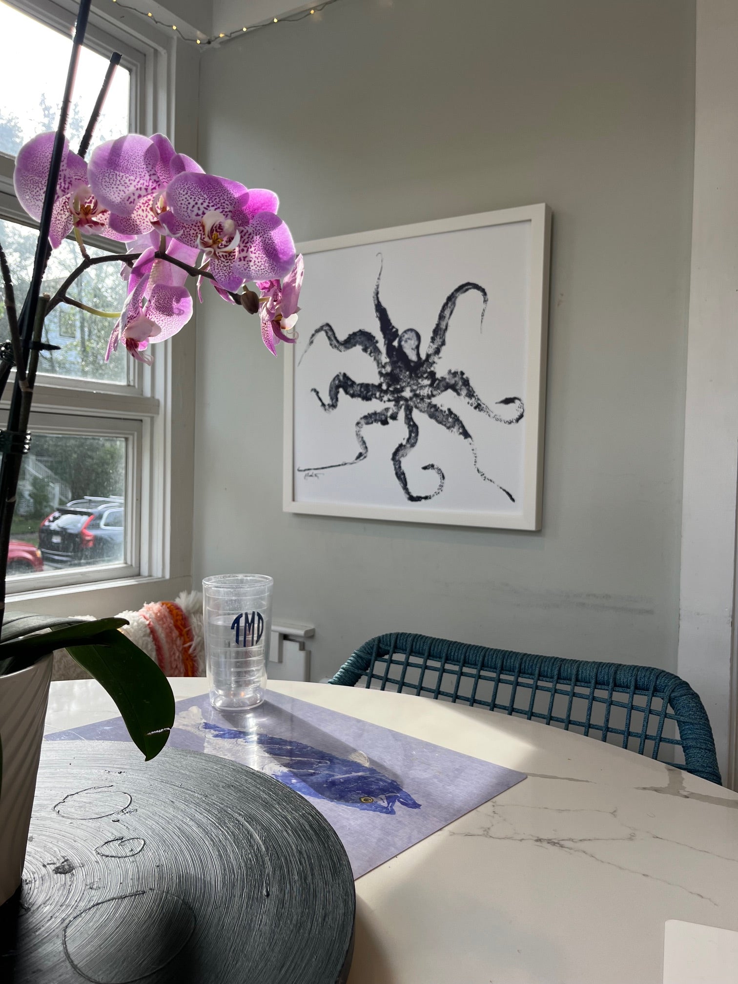 Octopus in Navy in White - White Framed Canvas Art