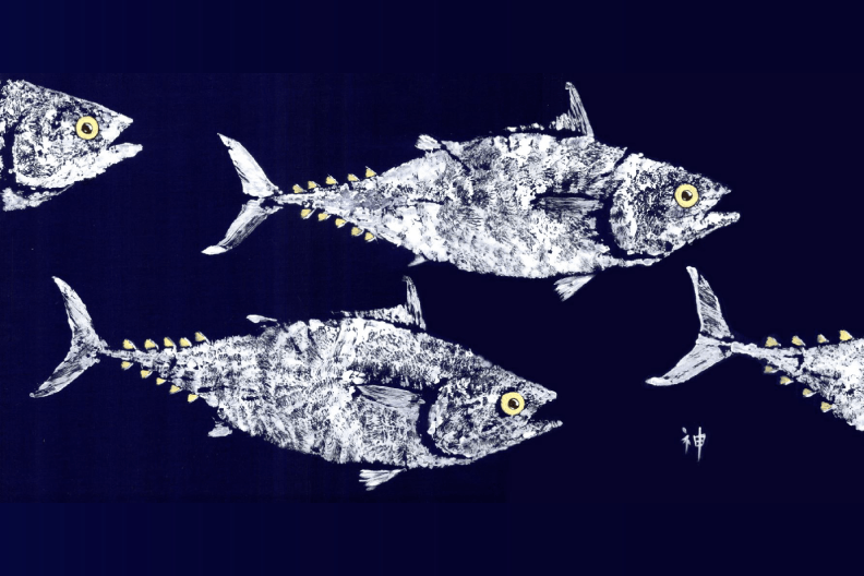 FishAye School of Tuna Placemat – White on Navy Coastal Decor