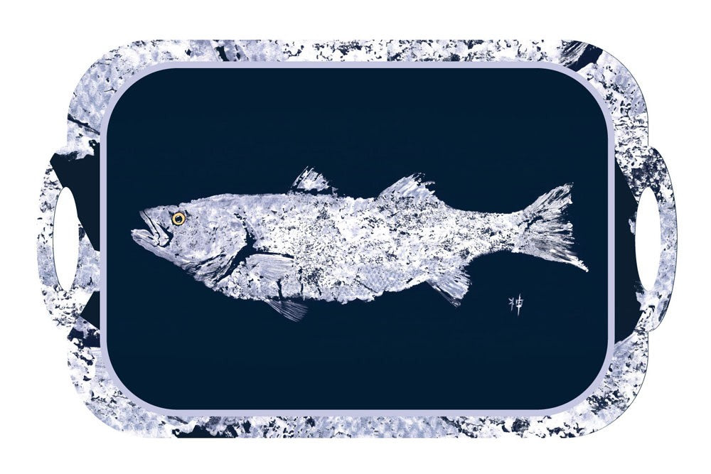 White Fish on Navy Melamine Tray | Coastal
