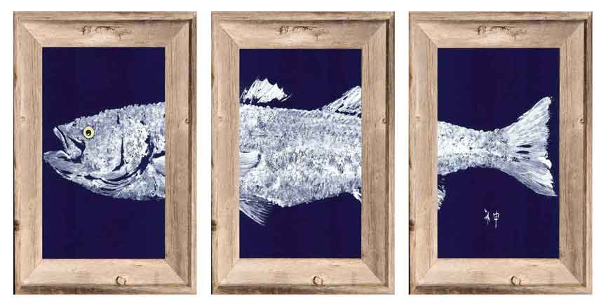 Pearl White on Navy Triplicate Striper – Gyotaku Fish Wall Art