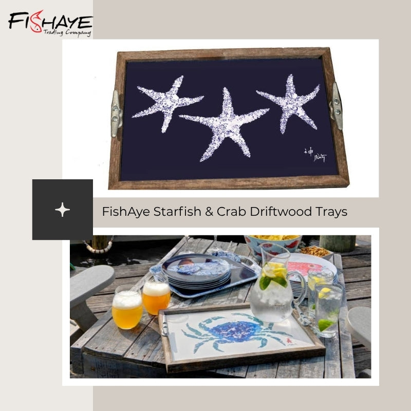 FishAye Starfish Tray – White on Navy Coastal Serving Decor